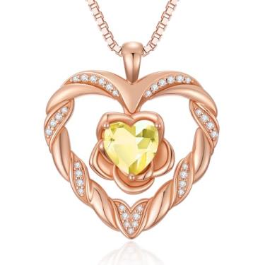 Imagem de WYDDO Colares de coração de flor rosa para mulheres, mãe, pedra do mês de nascimento, pingente, aniversário, Natal, Dia dos Namorados, joias presentes para sua esposa, filha, mãe, One Size, Base