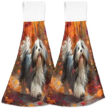 Imagem de TSENQUE Toalha de mão de folha de bordo de outono de cachorro fofo com laço para pendurar toalhas de forno personalizadas toalhas de cozinha decorativas macias e absorventes, conjunto de 2, 45 x 35 cm