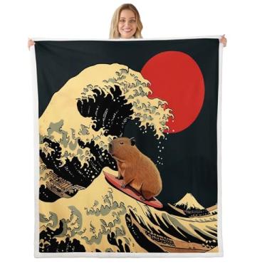 Imagem de jejeloiu Cobertor japonês Ukiyoe sherpa felpudo fofo capivara cobertor de lã meninos meninas sol vermelho para cama sofá cadeira sala de estar onda japonesa decoração de quarto queen 228 x 228 cm