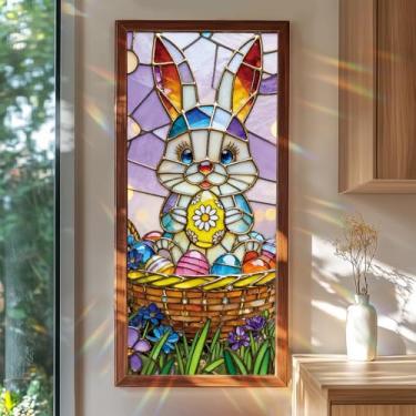 Imagem de SHENGYUMY Película para janela de páscoa 99,37 x 15,75 polegadas estilo vitral coelho segurando ovo amarelo cesta floral primavera adesivo decorativo adesivo decorativo para painéis de vidro decoração