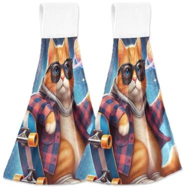 Imagem de TSENQUE Toalhas de mão legais para skate gato gatinho com laços para pendurar toalhas personalizadas na ponta dos dedos do forno conjunto de 2 toalhas de casa e cozinha macias absorventes fofas, 46 x