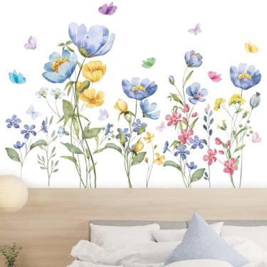 Imagem de Flaxarne Decalques de parede de borboleta de flores silvestres em aquarela para decoração de parede floral para quarto, sala de estar, escritório em casa