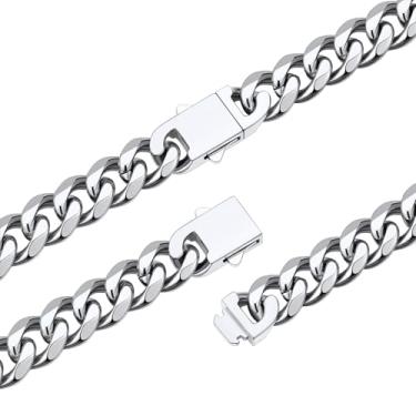 Imagem de FaithHeart Corrente de elos cubanos de aço inoxidável preto/prata/dourado para homens, duráveis e hipoalergênicas Miami Curb Hip Hop, 6/9/12 mm de largura, 45,7 a 76,2 cm de comprimento, caixa de