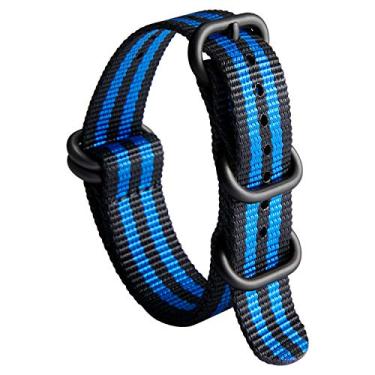 Imagem de BINLUN Pulseira de Relógio em Nylon Espessa Premium Balístico Pulseiras Multicoloridas Para Homens e Mulheres 18/19/20/21/22/23/24 mm com Fivela de 5 Anéis(Faixa Preto-azul Fivela Preta,21mm)