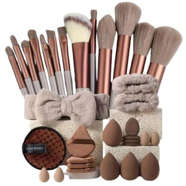 Imagem de Conjunto de 33 pincéis de maquiagem marrom inclui liquidificador de beleza, esponja macia e pincéis de maquiagem