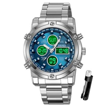 Imagem de SKMEI Relógio de pulso masculino, relógios digitais analógicos militares à prova d'água com cronógrafo multihorário de LED, relógios executivos de aço inoxidável para homens, 2556-Azul escuro