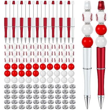 Imagem de Whaline 18 canetas esferográficas de beisebol sortidas vermelhas e brancas com 30 contas de madeira, 30 contas de beisebol, 50 peças de contas espaçadoras de cristal para artesanato, escritório,