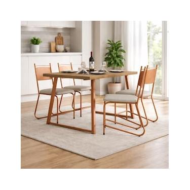 Imagem de Conjunto Fabone Atlanta Mesa de Jantar Retangular com Tampo em MDP + 4 Cadeiras em Aço Carbono com Estofado Corano - 80x136cm