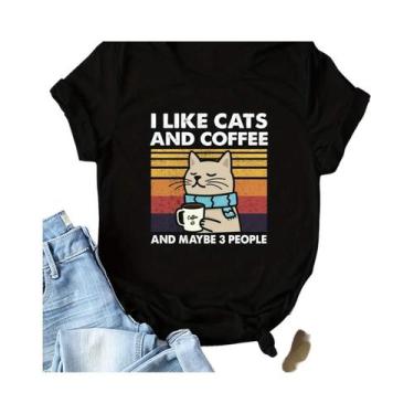 Imagem de Camiseta Feminina Casual Com Estampa De Gato E Café, Gola Redonda E Ma