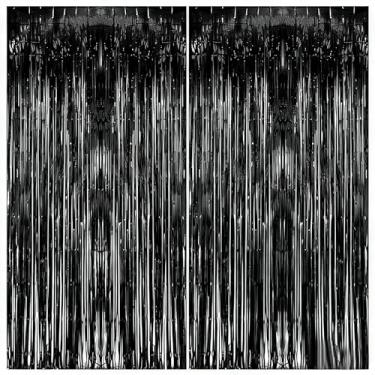 Imagem de 2 peças de cortinas de fundo de franja de folha preta 99 x 198 cm, decorações de festa de dança para véspera de ano novo de 2026, Natal, formatura de Halloween, aniversário, chá de bebê, festa de