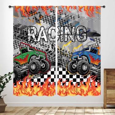 Imagem de Cortinas de caminhão para quarto de meninos, desenho animado carro corrida caminhão monstro chama vermelha cortinas de janela para quarto de bebê menino adolescente sala de estar sala de jogos 2