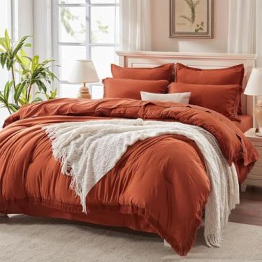 Imagem de Andency Jogo de cama king extragrande com lençol 128 x 120 terracota - 7 peças, conjunto de cama boêmio leve e macio, com borlas enferrujadas, edredom, lençóis, fronhas e fronhas
