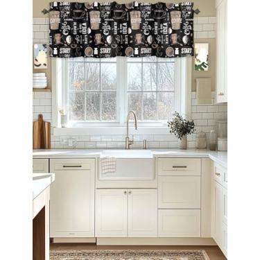 Imagem de Chucoco Valance para janelas de cozinha, café xícara de café retrô marrom com bolso para varão, cortinas curtas, letras grafite, para quarto, banheiro, 1 painel 106,7 x 30,5 cm