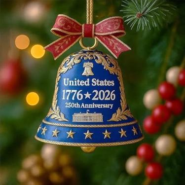 Imagem de Enfeite comemorativo de Natal com sino comemorativo de 250º aniversário | Decoração patriótica semicentenária | Presente de lembrança de marco histórico americano para veteranos, colecionadores e fãs