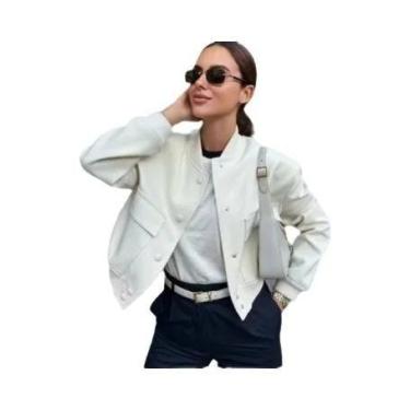 Imagem de Jaqueta Bomber Feminina Branca Cropped De Manga Longa Moda Outono Inve