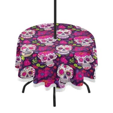 Imagem de Wassud Toalha de mesa redonda para uso ao ar livre com furo de guarda-chuva, caveiras de açúcar, toalhas de mesa de 152 cm, toalhas de mesa para aniversário, casa de fazenda, cozinha