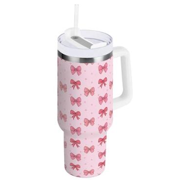 Imagem de SEHANY Copo fofo com laço rosa de 1,134 g com alça, copo isolado de aço inoxidável a vácuo de parede dupla, à prova de vazamento, caneca de café isolada para viagem cabe no suporte de copo de carro