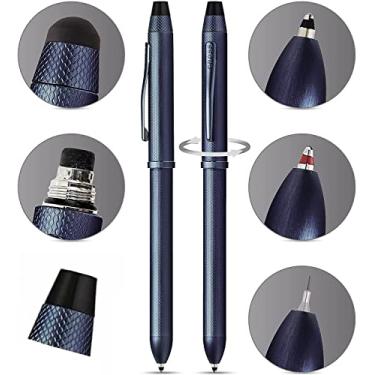 Imagem de Cross Tech3+ com acabamento sofisticado em padrão de diamante azul escuro escovado e tampas intercambiáveis, caneta multifuncional - lápis de chumbo de 0,5 mm, refil de tinta preta e refil de tinta vermelha em uma caneta.
