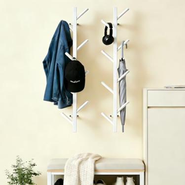 Imagem de GAWAMAY Conjunto de 2 cabides verticais modernos para parede (altura 33,4), suporte de metal branco montado na parede para chapéus, árvore, casacos resistentes, ganchos, organizador de chapéus