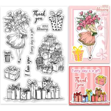 Imagem de PH PandaHall Carimbos transparentes de presente para o Dia dos Namorados, caixa de presente de silicone, buquê de palavras, carimbos de borracha transparente para álbuns, cartões de felicitações