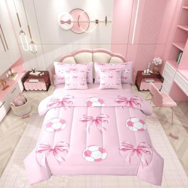 Imagem de Castle Fairy Conjunto de edredom de futebol americano, rosa, 7 peças, solteiro, com laço, princesa, para todas as estações, conjunto de cama leve para decoração de quarto de crianças e adultos