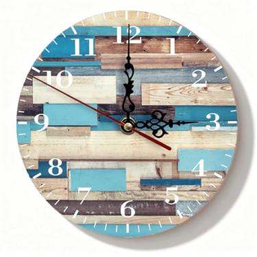 Imagem de Relógio de parede de madeira multicolorido, marrom azul-petróleo Shiplap silencioso, sem tique-taque, decoração rústica para casa de fazenda, escritório, 19 cm