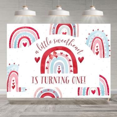 Imagem de Rsuuinu Cenário fotográfico de 1º aniversário de 2,1 x 1,5 m para meninas A Little Sweetheart is Turning One Background Valentines Day First Birthday Party Decoration Banner Photo Booth Studio Props