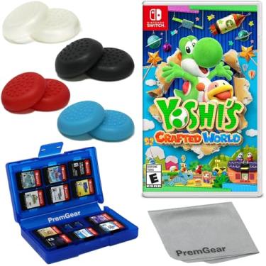 Imagem de PremGear Yoshi's Crafted World for Nintendo Switch (US Version) Thumb Grips (8 pack - Black, Blue, Red & Clear), 24 Slot Game Card Holder & Cleaning Cloth