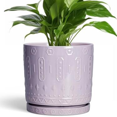 Imagem de Eightpot Vaso de cerâmica de 20 cm com orifício de drenagem e pires, vaso de flores grande redondo para plantas internas e externas, vaso de jardim, roxo