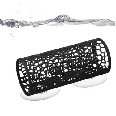 Imagem de huoflame Brinquedos de peixe Betta, rede de túnel, decoração segura de aquário para camarão de peixe pequeno, acessórios de tanque com ventosas perfeitos para esconderijo e área de lazer (preto)