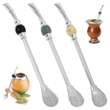 Imagem de 3 Pçs Canudos de Erva Mate de Aço Inoxidável, Bombilla Mate Reutilizável, Canudo de Filtro de Cabeça de Colher Removível de Precisão, Colher de Filtro de 8,6 Polegadas Dobrada para Coquetel de Chá