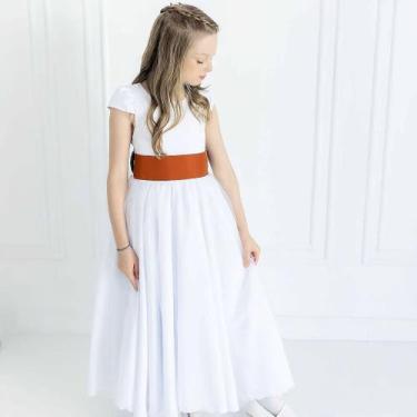 Imagem de Vestido Infantil Longo Branco com Tule e Faixa Marrom Caramelo Terraco