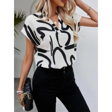 Imagem de Blusa Feminina Casual De Verão Com Decote Em V E Manga Morcego Estampa