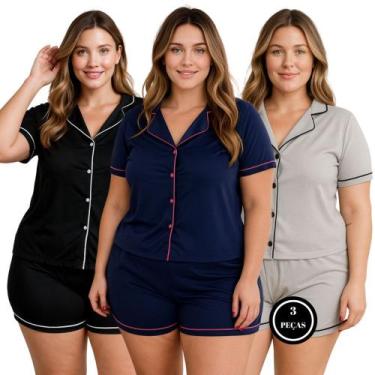 Imagem de Kit 3 Pijama Americano Plus Size Blusa e Short Baby Doll - c11 KIT 3 B