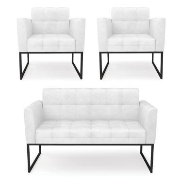Imagem de Kit 1 Sofá Namoradeira E 2 Poltronas Elisa Corano Base Metálica Industrial Preto - D'rossi Cor Branco