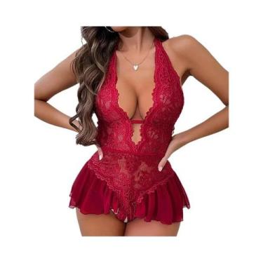 Imagem de Body Transparente Azul Com Renda E Decote Em V, Lingerie De Uma Peça P