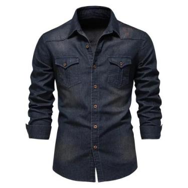Imagem de Camisa Jeans Masculina Slim Fit - Algodão Elástico, Manga Comprida, Es