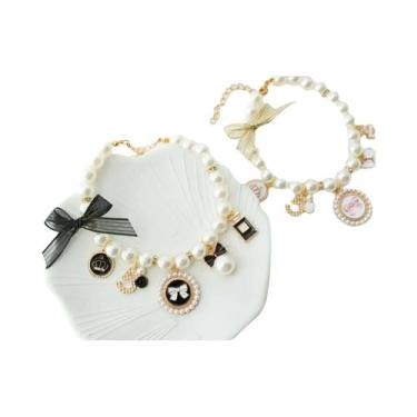 Imagem de Colar De Pérolas E Strass Para Gatos E Cães, Coleira Com Laço Para Ani