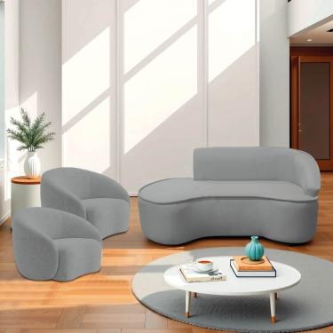 Imagem de Kit Divã Recamier Orgânico Marrocos 200cm Lado Esquerdo E 2 Poltronas Amore Bouclé Cinza