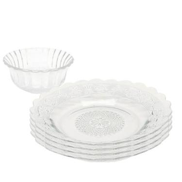 Imagem de Jogo 4 Pratos e 4 Tigela Bowl Tripoli Aparelho De Jantar Vidro Transpa