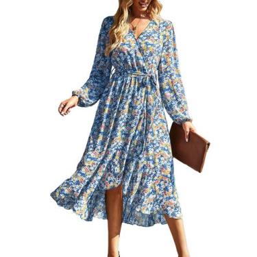 Imagem de Vestido PRETTYGARDEN Floral Azul Boho Maxi Manga Longa Tamanho S