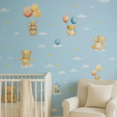 Imagem de Papel De Parede Vinilico Ursinho Baloeiro Azul Rolo 0,53x10m Vinil PVC