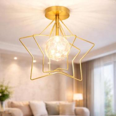 Imagem de Luminária Lustre Estrelas 34cm Metálica Dourada LED 3 Cores Globo Vidr