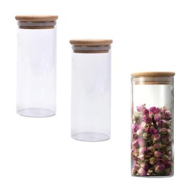Imagem de 3x Pote De Vidro Com Tampa De Bambu 450ml Frascos Porta Temperos - Maj