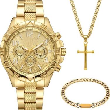 Imagem de Relogio Masculino Dourado + Cordão Cruz + Pulseira Grumet analogico ca