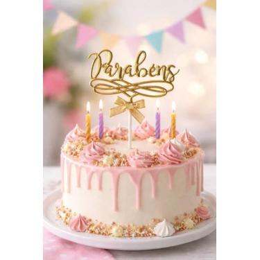 Imagem de Topo De Bolo Parabéns Decorativo Festa Aniversário Metalizad Dourada P