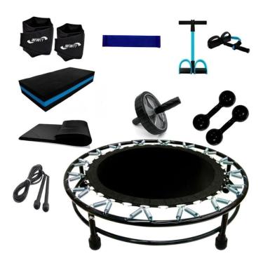 Imagem de Kit Aeróbico Mini Jump Halter 2kg Caneleira Step Colchonete Extensor Roda Mini Band Corda Preto OEM