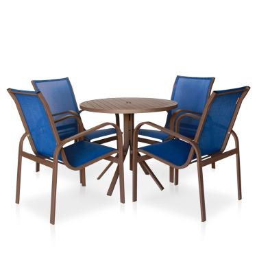 Imagem de Conjunto 1 Mesa + 4 Cadeiras Para Área Externa, Gourmet, Jardim e Churrasqueira - Cor Marrom com Tela Azul