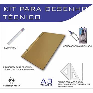 Imagem de Kit Desenho Técnico Prancheta Engenharia Arquitetura Edificações a3 NATURAL Par Esquadro 32 cm Compasso Cis 303 Regua 30