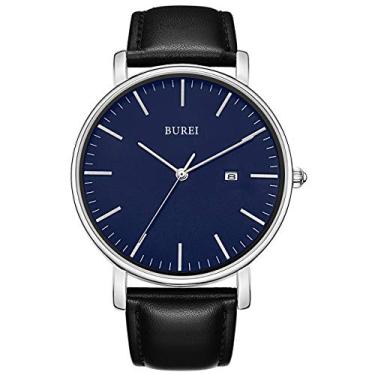 Imagem de BUREI Relógios masculinos modernos de pulso minimalistas, de couro marrom, mostrador analógico, com design de caixa fina, relojes para Hombres, Preto, prata, azul, Movimento de quartzo